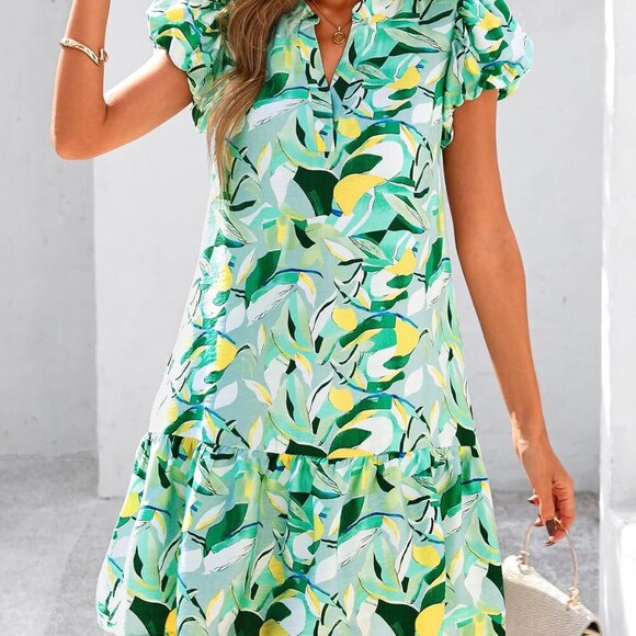 Womens Summer Dresses 2025 Puffy Sleeve V Neck Loose Floral Print A Line Boho Mi - Picture 7 of 8